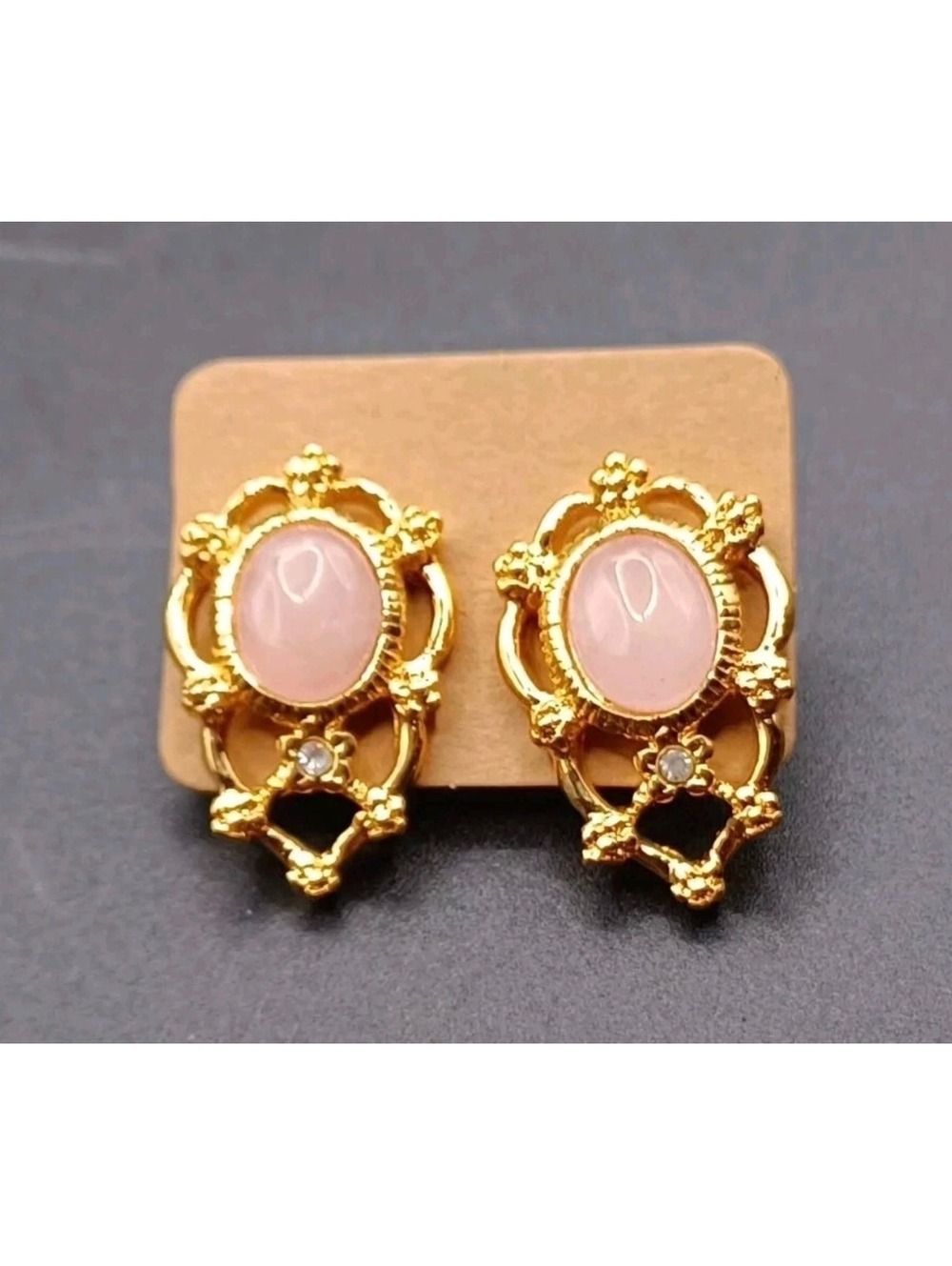 Vintage Avon Rose Quartz Earring Gold Tone Filigree Rhinestone Victorian Revival